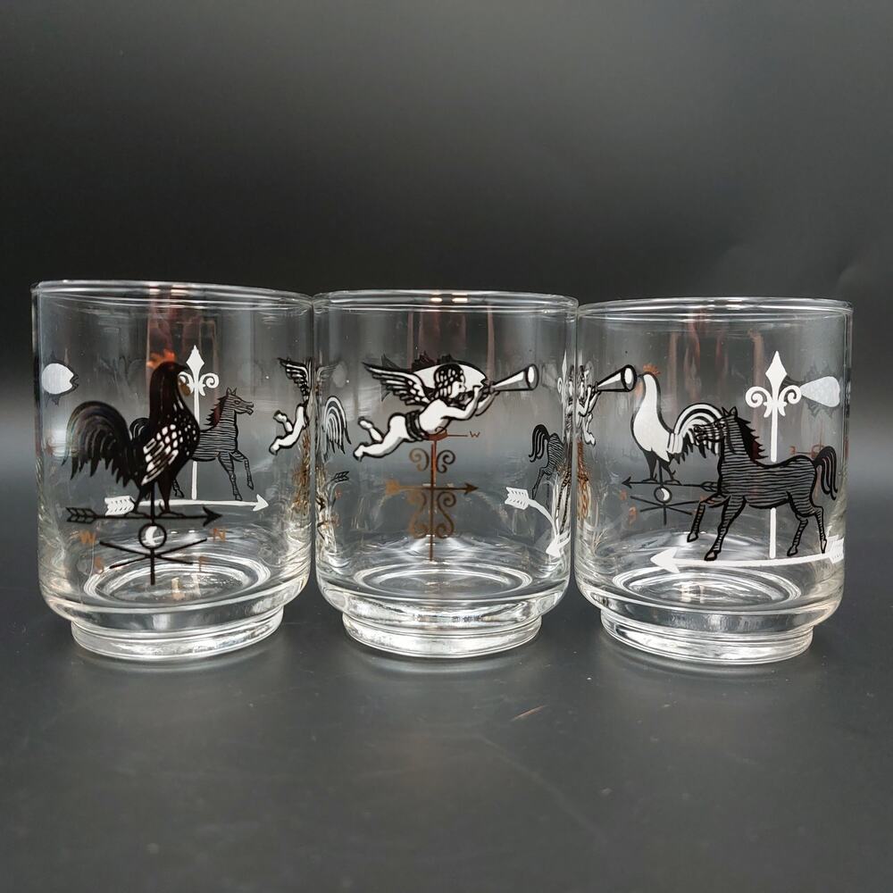 Vtg Libbey Weather Vane Juice Glasses Lot of 3 MCM Black White Rooster 3" 4oz